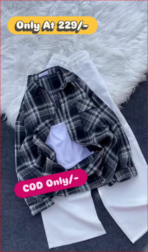 Trendy Plaid Overshirt with White Wide-Leg Pants Set