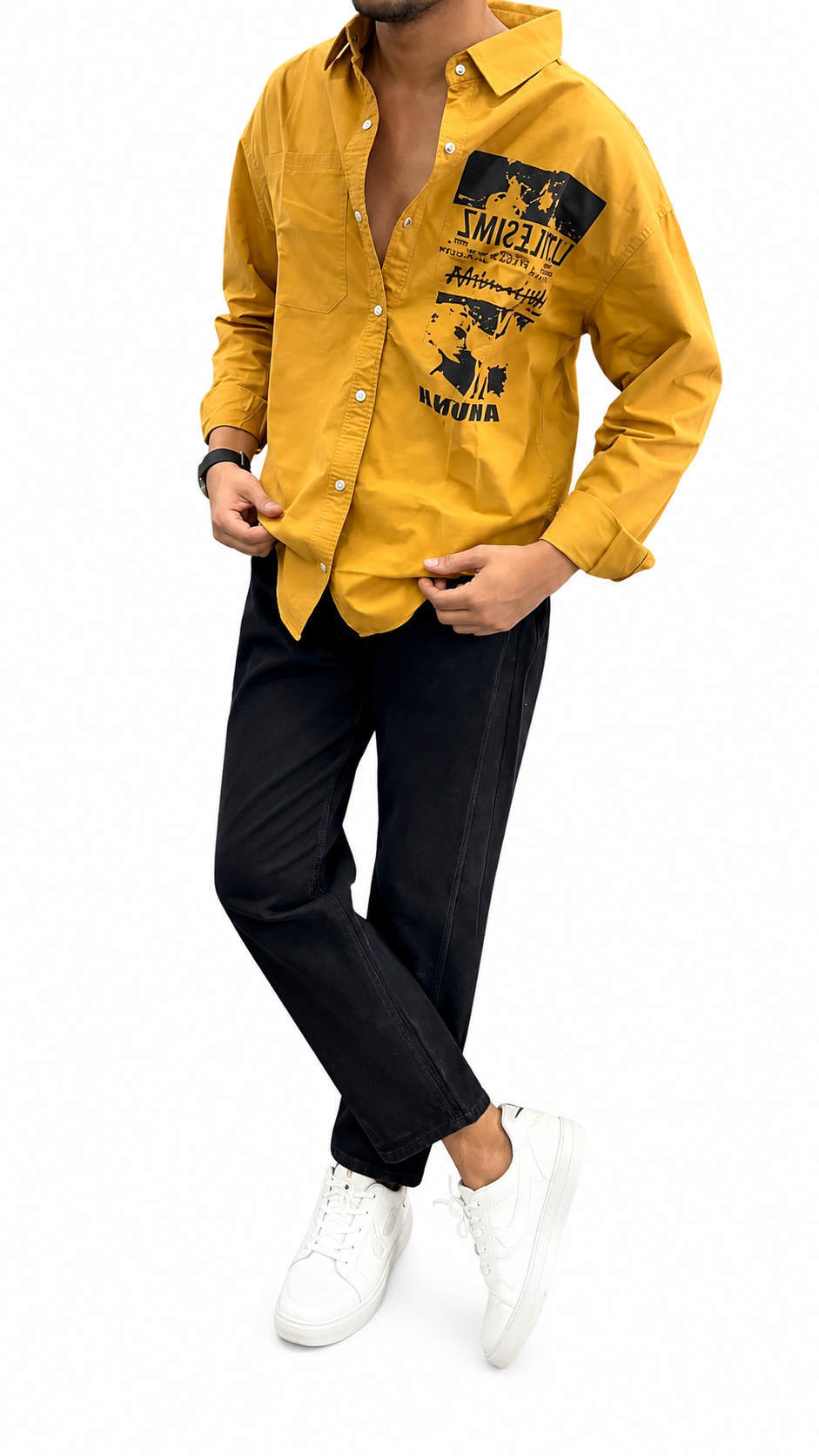 Men’s Mustard Yellow Printed Oversized Casual Shirt | Full Sleeve Trendy Fashion Shirt