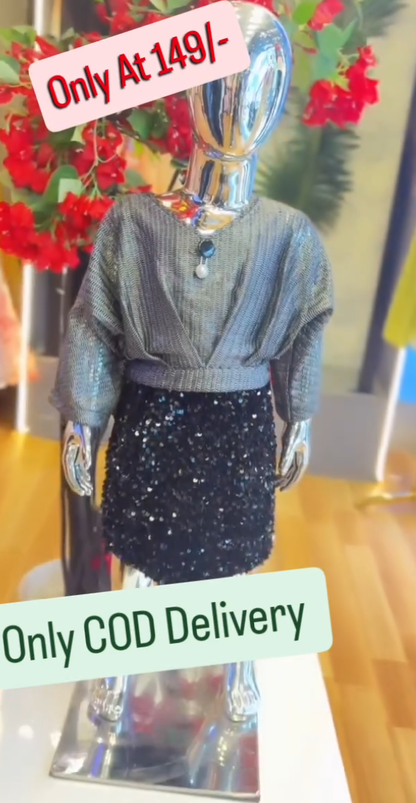 Stylish Girls Party Wear Sequin Skirt & Knit Top Outfit Set