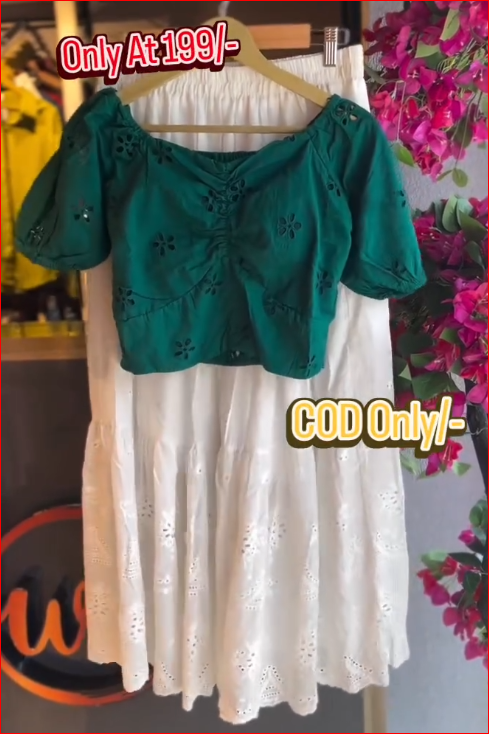 Emerald Bloom Top with White Cotton Skirt Set