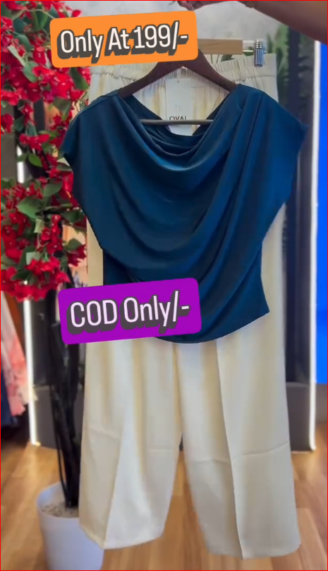 Chic Draped Top with Cream Wide-Leg Pants Set