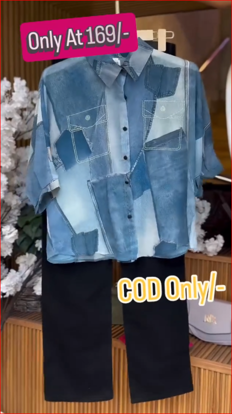 Trendy Patchwork Denim Style Shirt with Black Straight Pants Set