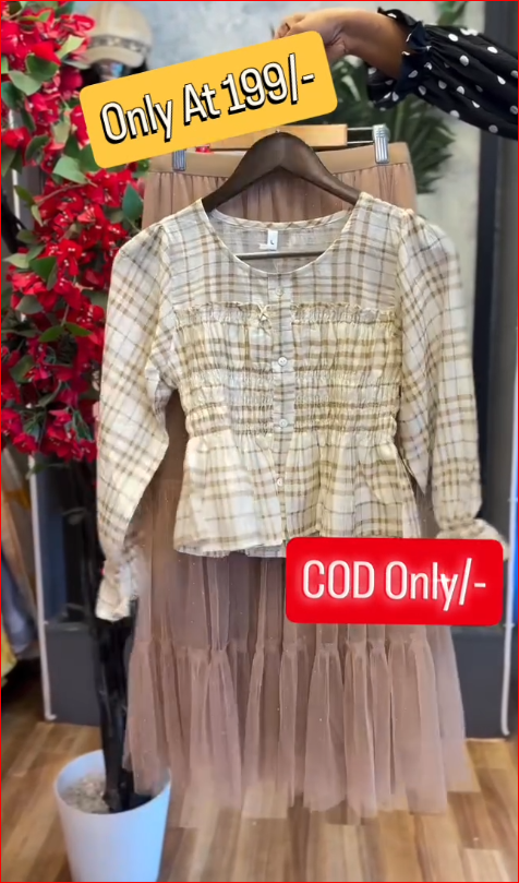 Elegant Checkered Top with Soft Net Layered Skirt